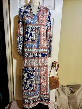 Jessy B Wms Blue Floral Pleated Patchwork L/S Boho Festival Hippie Maxi Dress XS